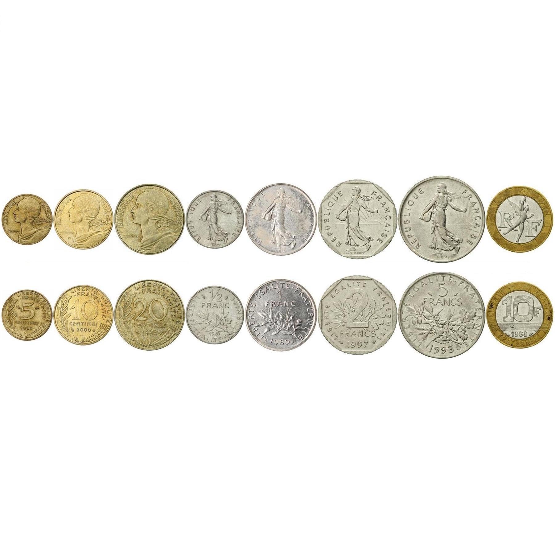 HOBBY OF KINGS 8 Coin Set from France | 5 10 20 Centimes 1/2 1 2 5 10 Francs | Sculpture | Plant | Marianne | People | Circulated 1960-2001