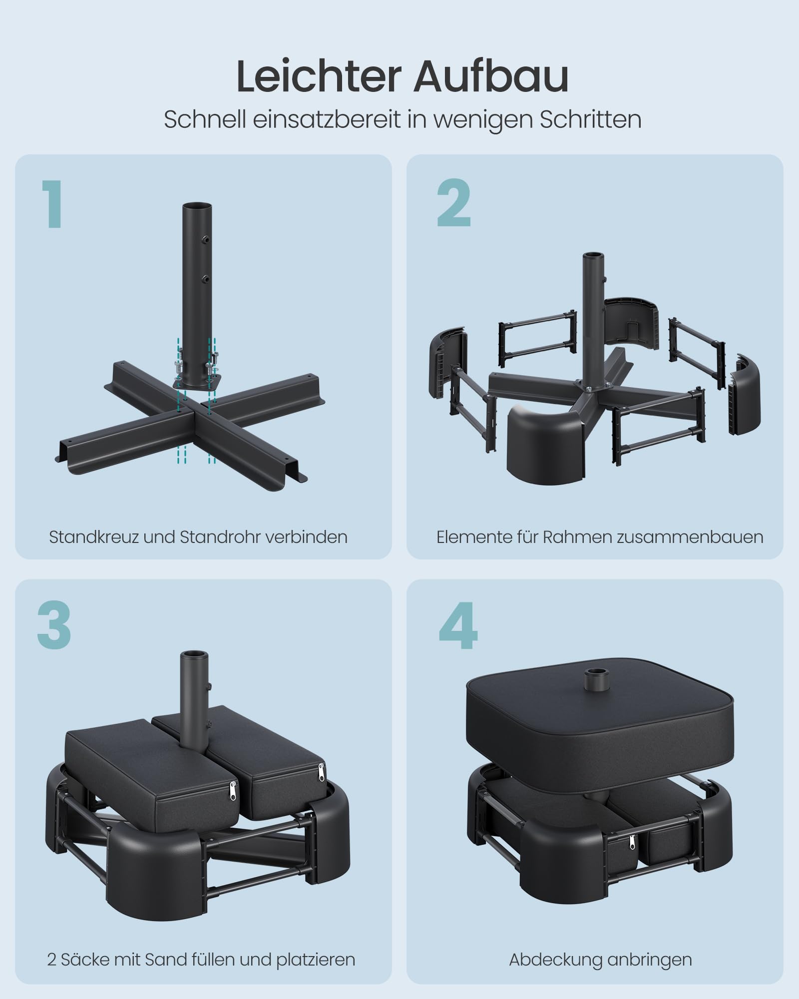 SONGMICS Sonnenschirmständer, Schirmständer, mit Sand befüllbar, Schirmhalter, für 1,5-3 m Sonnenschirm, Sonnenschirmfuß, mit 3 Reduzierringen, schwarz GUB0042B01