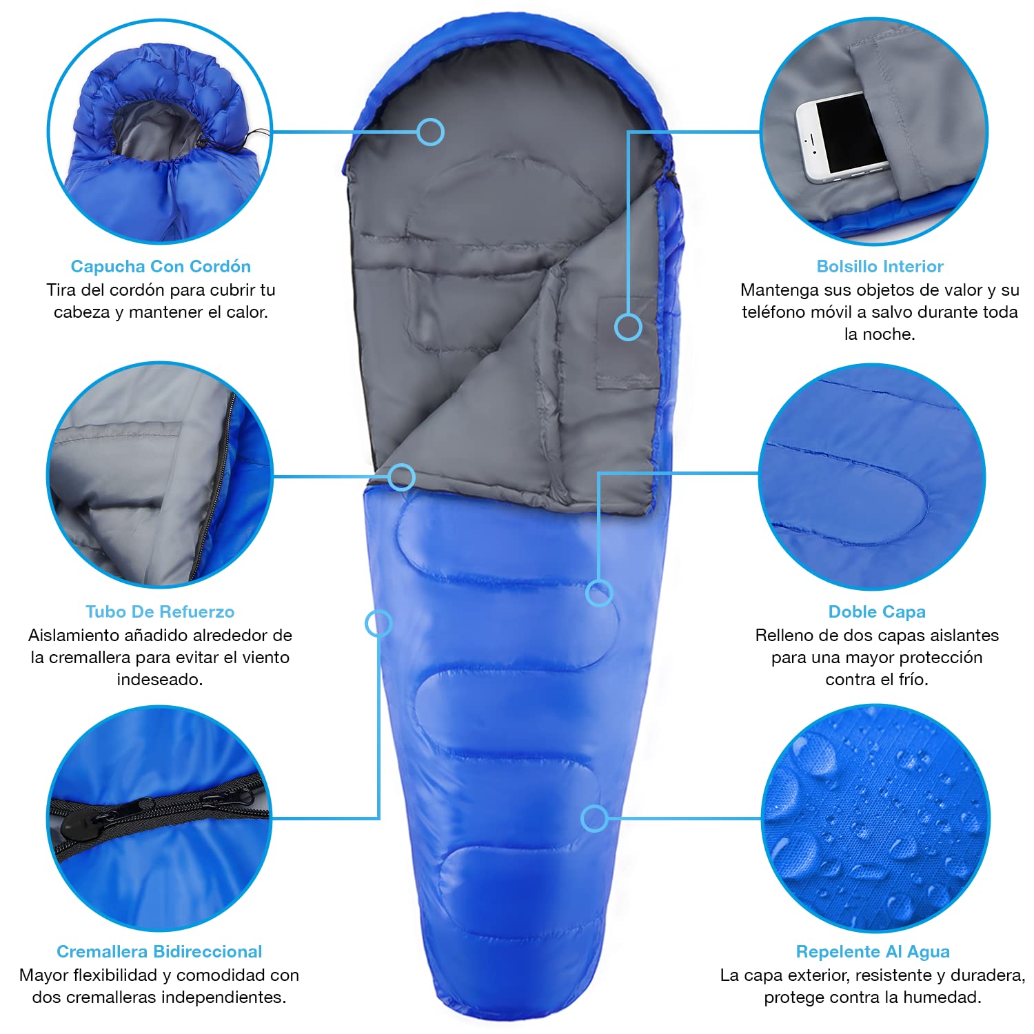 Active Era Saco de Dormir 200 cm x 80 cm 300gr - Resistente al Agua, Relleno de Doble Capa, Cálido con Capucha y Cordón. Saco de Dormir Ultraligero Todas Las Estaciones, Adultos y Niños