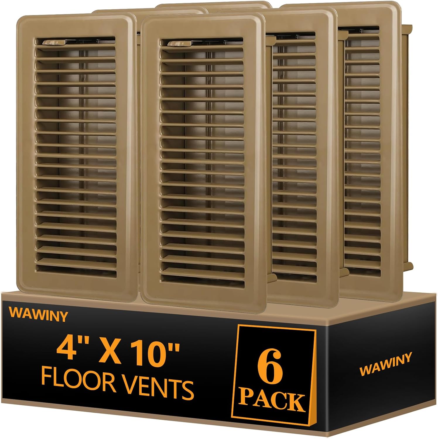 Floor Register 4x10,6 Pack Heavy Duty Steel Vent Covers for Home Floor,Walkable Rust-Resistant Air Vent Covers with Adjustable Airflow, Easy to Install Inserts for Sidewall or Wall(Brown)