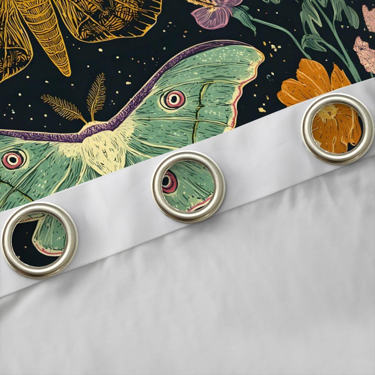 Castle Fairy Moth Wildflower Blackout Curtains Dark Witchy Boho Window Drapes Kids Teens Botanical Neutral Window Treatments Grommet Top 2 Panel Set Curtains,52Wx90L Inch Black Gold