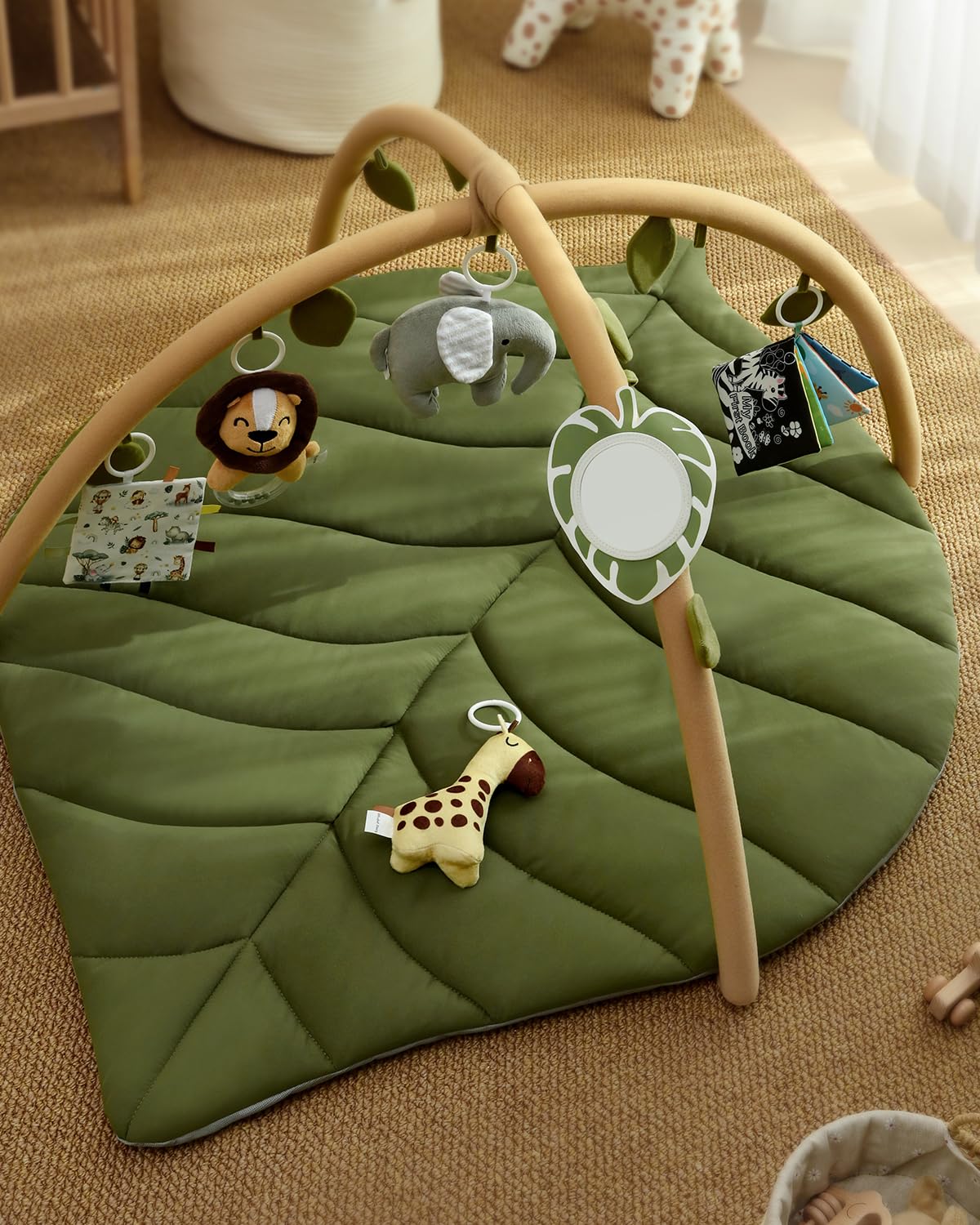 Blissful Diary Gimnasio Bebe, Manta Actividades Bebe De Forma De Hoja Con Arco Desmontable Y 6 Juguetes, Manta Juegos Bebe Para Desarrollo Sensorial Y Motor, Regalo Esencial Para Bebés, Verde