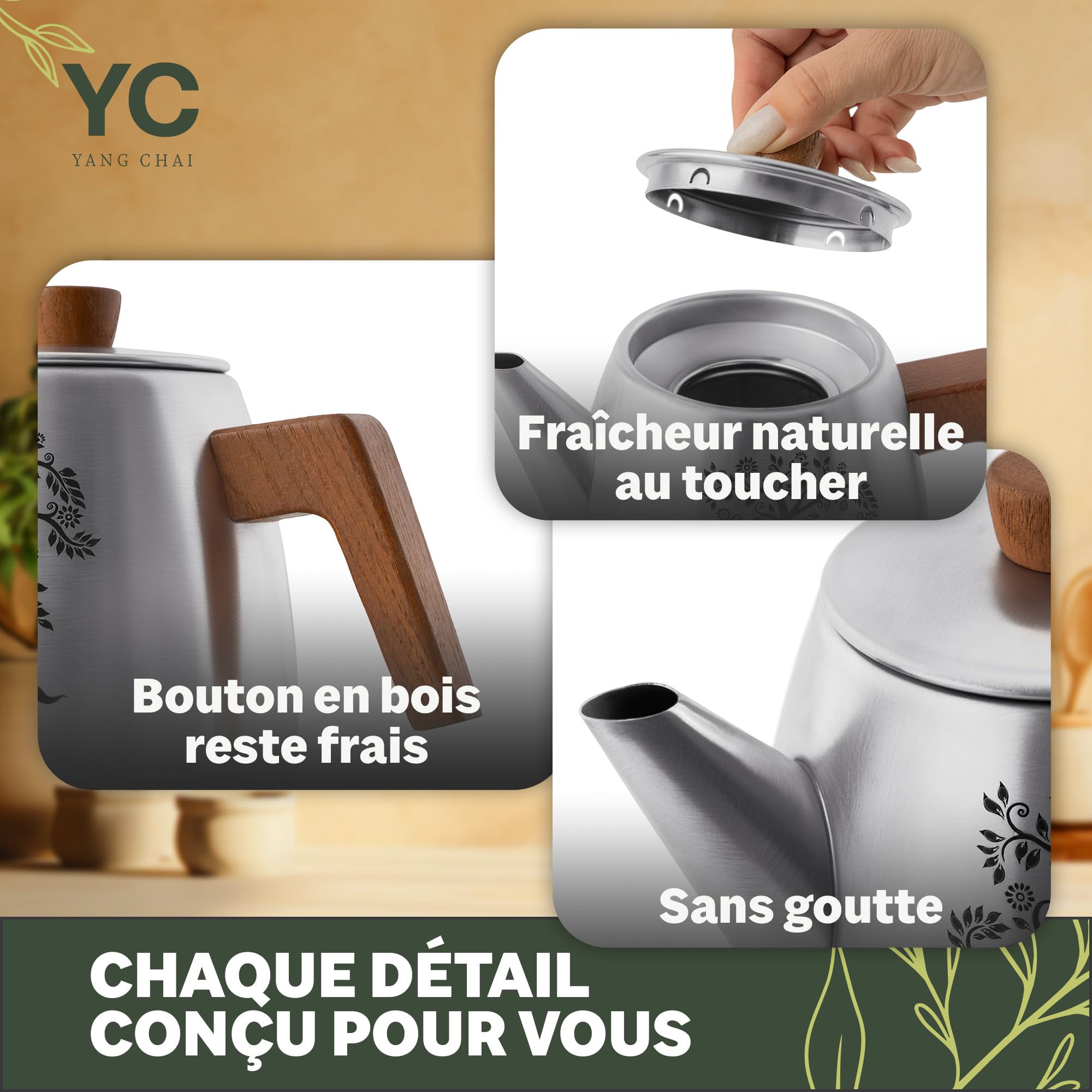 YC Yang Chai Théière avec Filtre 1,3L – Théière Design avec Réchaud Chauffe-Thé et Poignée en Bois – Accessoire Elégant pour Infusion, Tisane et préparation de Thé en Vrac