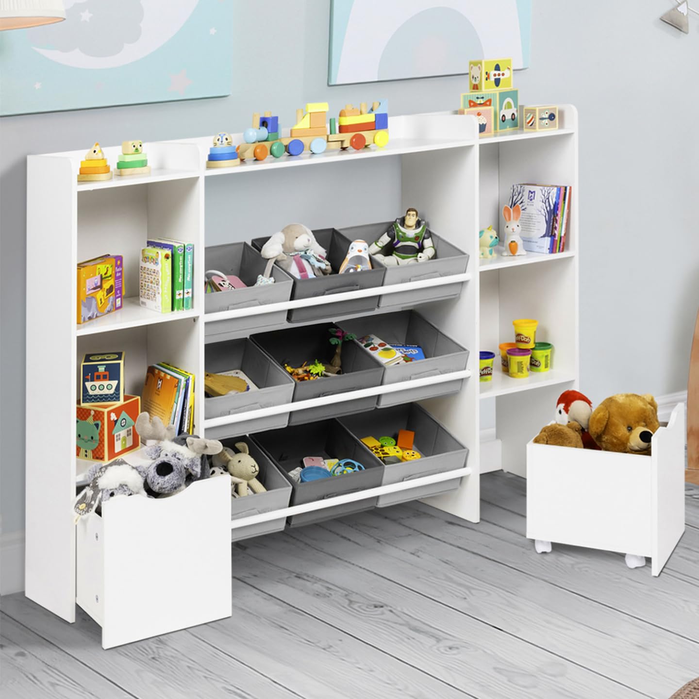 IDMarket - Meuble de Rangement Enfant Mana 7 étagères, 9 bacs en Tissu et 2 Cubes sur roulettes Blanc