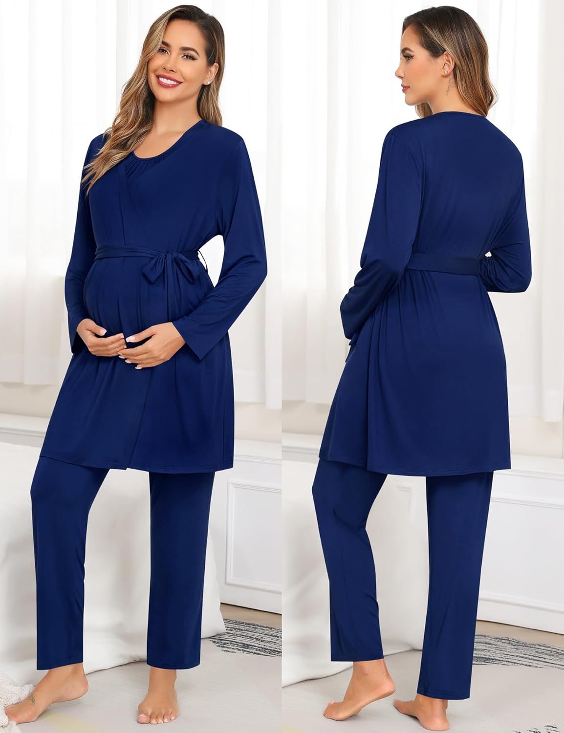 SWOMOG 3pcs Maternity Nursing Robe Set Labor Delivery Double Layer Pajamas Set Postpartum Breastfeeding PJS, S-XXL - Image 4