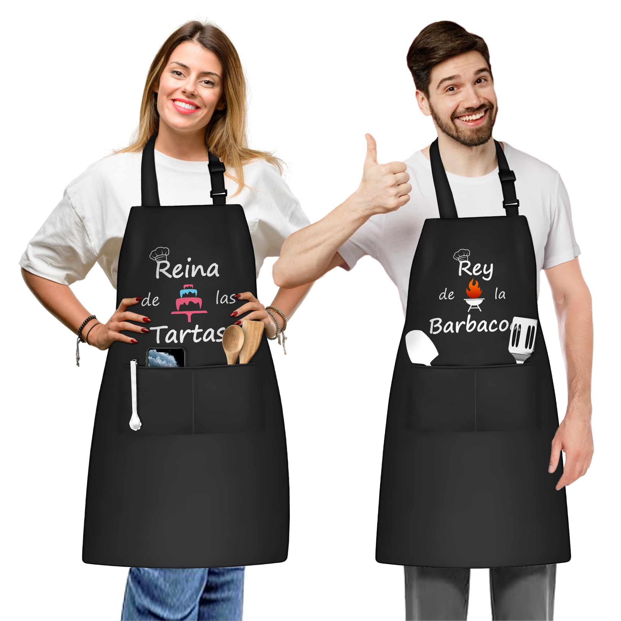 Delantal Cocina Hombre y Mujer con Dos Bolsillos - Delantales Originales con Texto Divertido para Parejas - Delantal Negro con Correa Ajustable - Regalo Original y Gracioso para Pareja