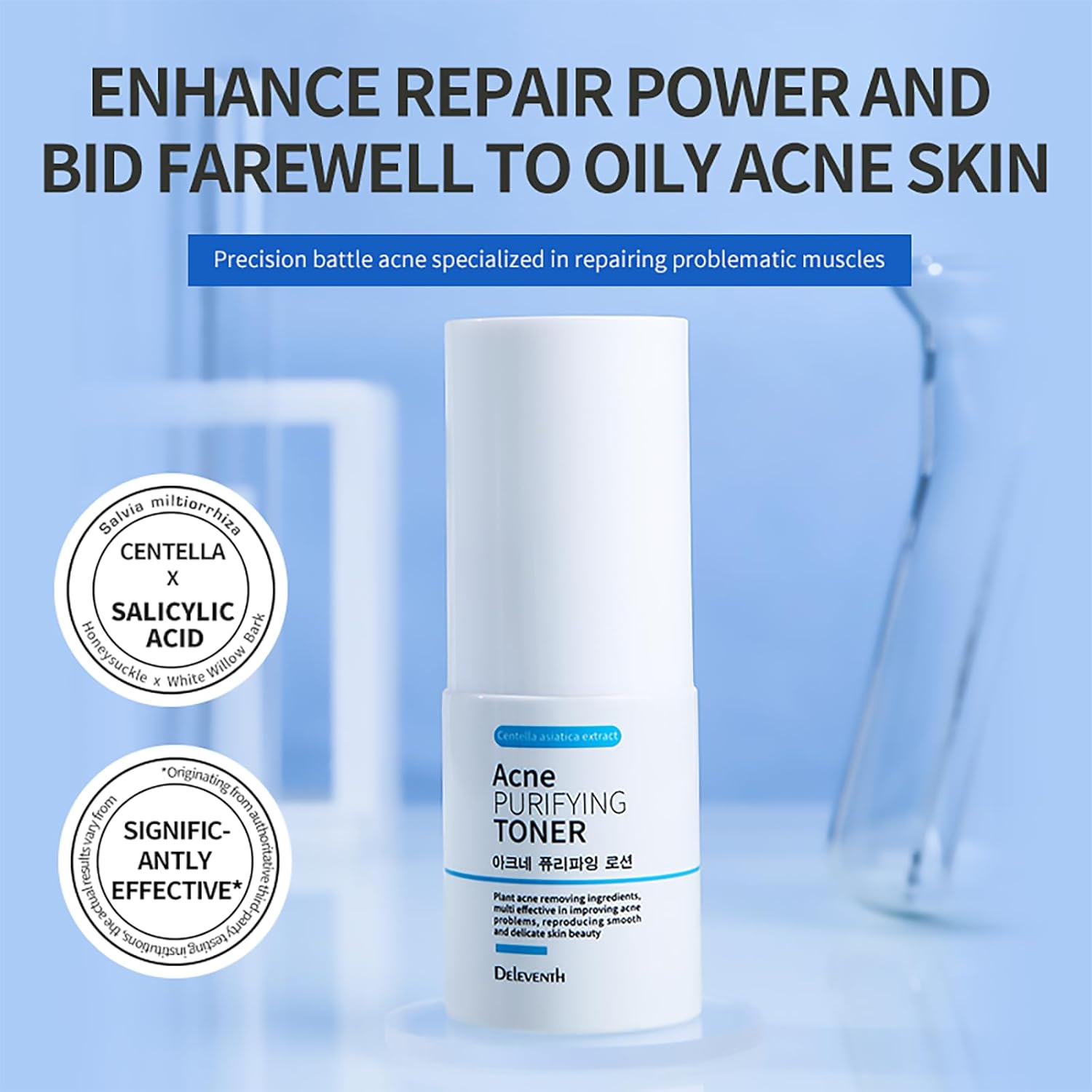 DEleventh Korean Brand Acne Purifying Toner 30ml / with Salicylic Acid and Botanical Extracts for Anti-Acne, Soothes, Unclogs Pores, Controls Oil and Maintain a Fresh, Blemish-Free Complexion