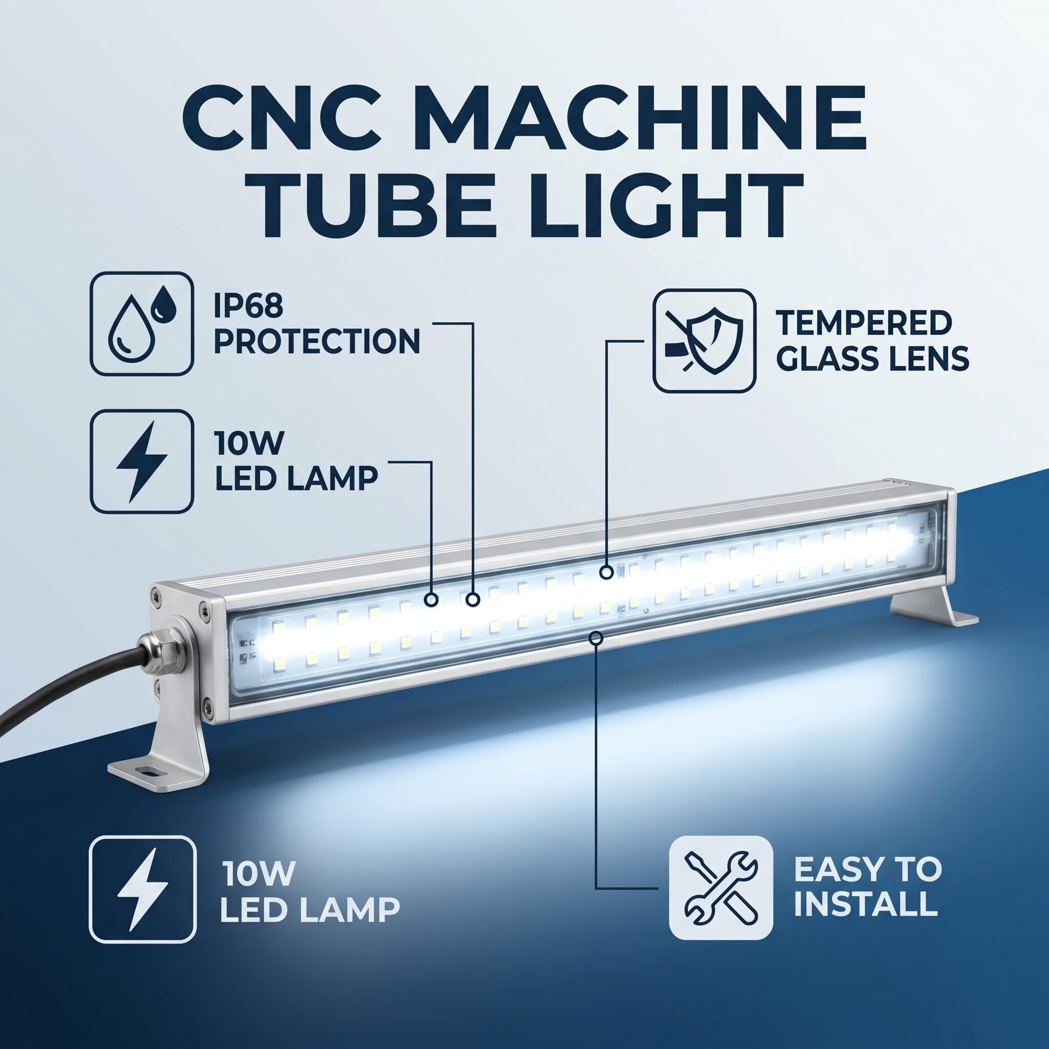 Lampada LED per macchina, IP68, tubo di luce per illuminazione industriale CNC, 10 W, 24 V