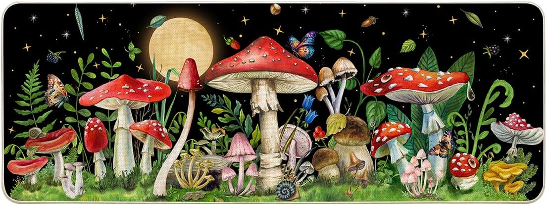 Cute Mushroom Kitchen Rugs Mats for Floor,1 Piece Witchy Decor Floor Mats Comfort Non-Slip Washable for Kitchen Farmhouse Indoor Home Decor Funny Doormat, Black 17"x47"