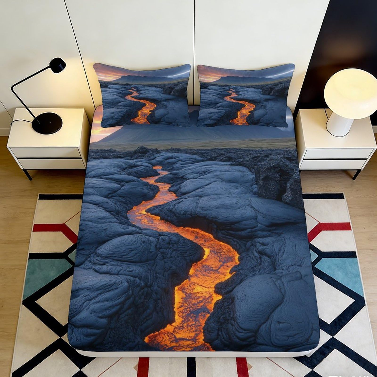 3D Printed Lava Flow Fitted Sheet Microfiber Anti-Slip Volcano Landscape Bed Sheet for Bedroom Dorm Mattress Cover Decor 120x200x25cm