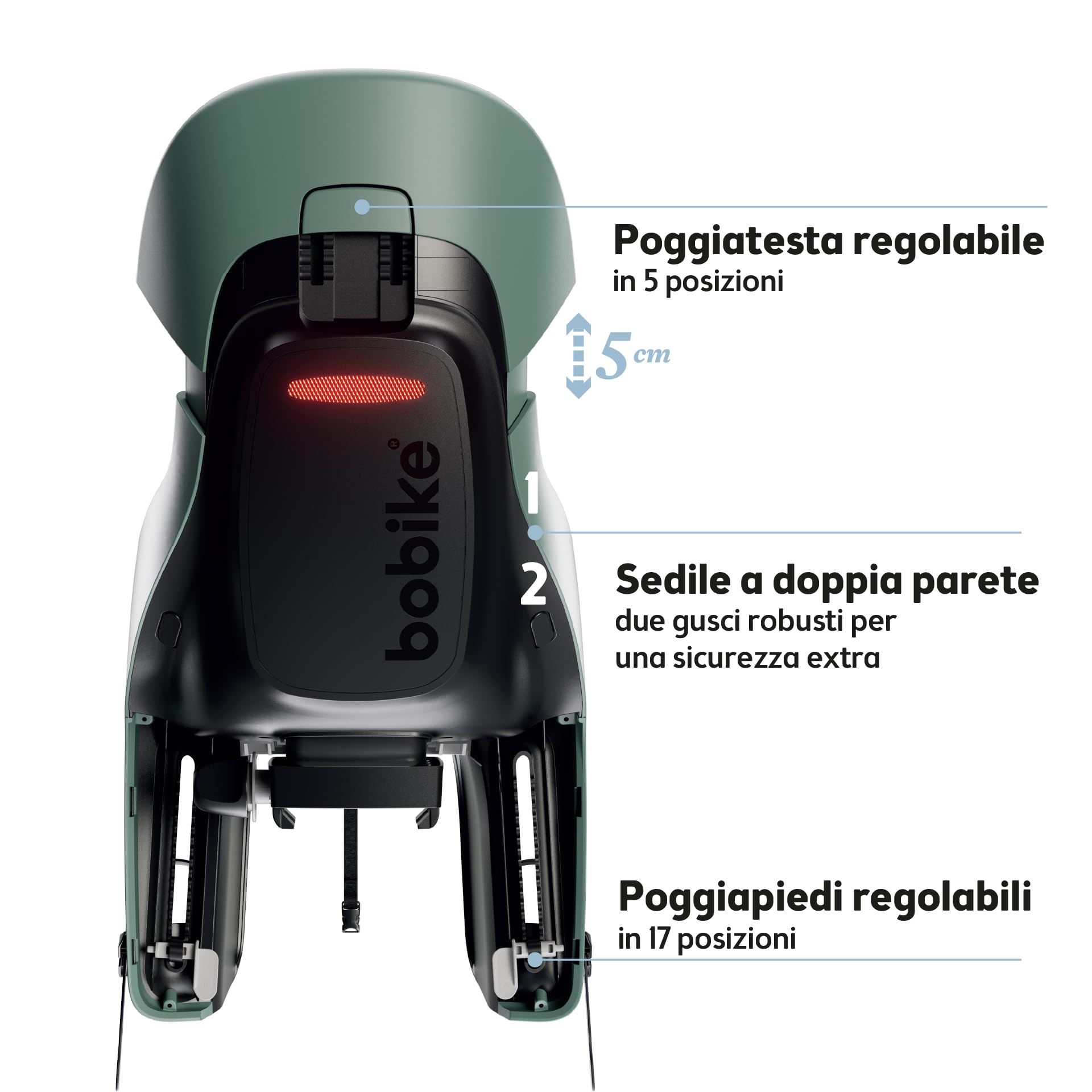 Seggiolino Posteriore Bicicletta Bambini Reclinabile Al Telaio e Portapacchi Bobike EXCLUSIVE EVOLVE MAXI doppia parete, sospensione integrata, poggiatesta regolabile e cintura a 5 punti, fino a 22 kg