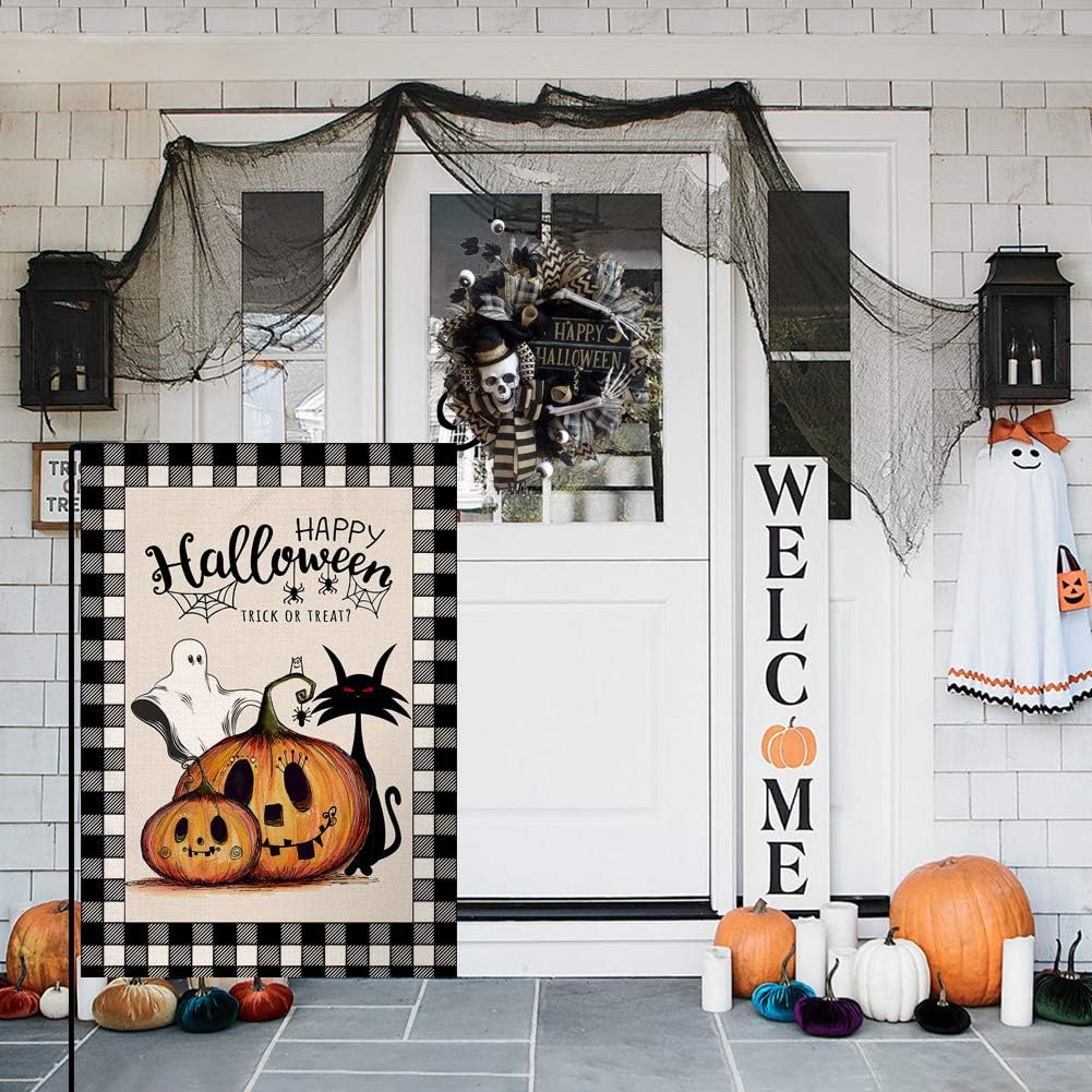 Halloween Pumpkin Cat Ghost Garden Flag Vertical Double Sided Black Buffalo Check Burlap Yard Outdoor Decor 12.5 x 18 Inches (138364)