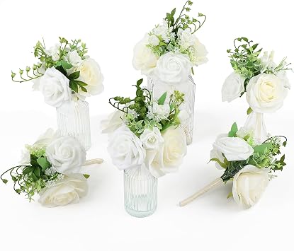 White Wedding Centerpieces Flowers Mini Bridesmaid Bouquets Set of 6 Ivory White Table Decor 5.2 inch Pre-Made Small Floral Wedding Dinning Table Reception Bridal Shower Party Decorations