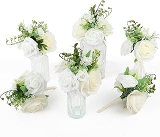 White Wedding Centerpieces Flowers Mini Bridesmaid Bouquets Set of 6 Ivory White Table Decor 5.2 inch Pre-Made Small Floral Wedding Dinning Table Reception Bridal Shower Party Decorations