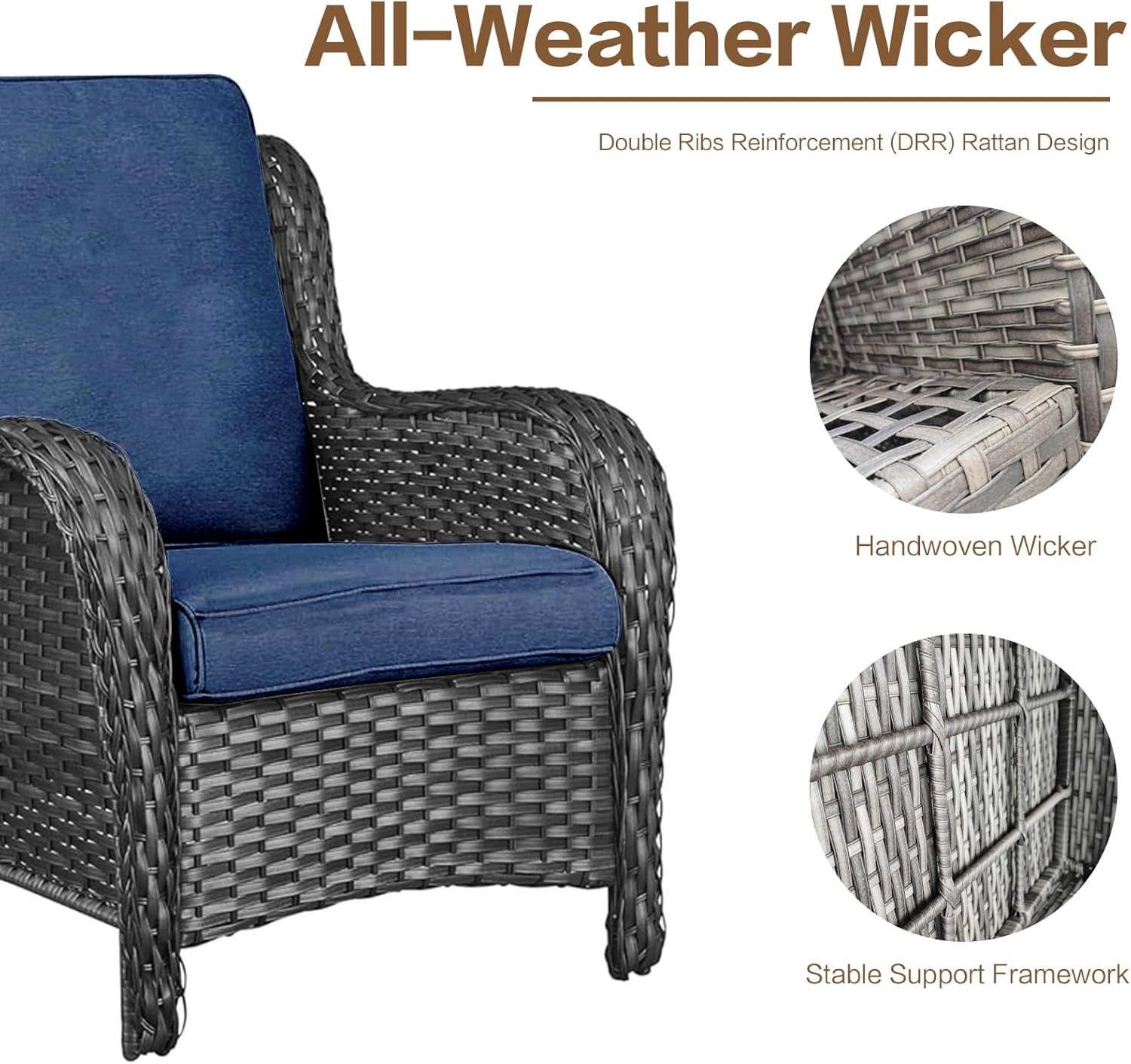 3 Pieces Patio Furniture Conversation Set PE Rattan Wicker Outdoor with 2 Armrest Chair and 1 Coffee Side Table, Soft Thick Washable Cushion for Yard Backyard Poolside Garden (Grey/Navy Blue)