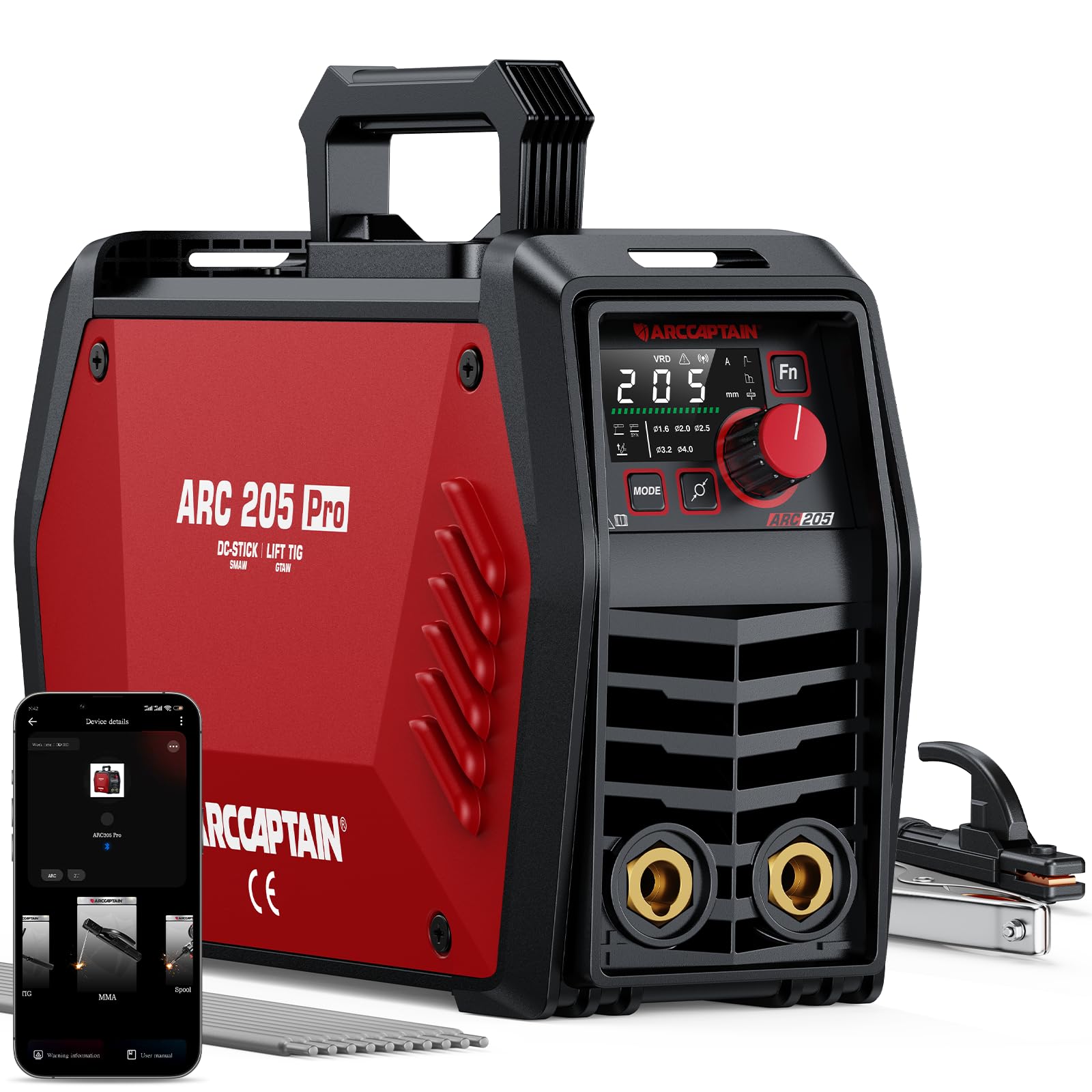 ARCCAPTAIN iControl ARC205 Pro Inverter Welder, [APP Control] ARC/Lift TIG Welding Machine 205A, Large LED Display, IGBT Inverter, 230V MMA Welding Group with Hot Start, Arc Force