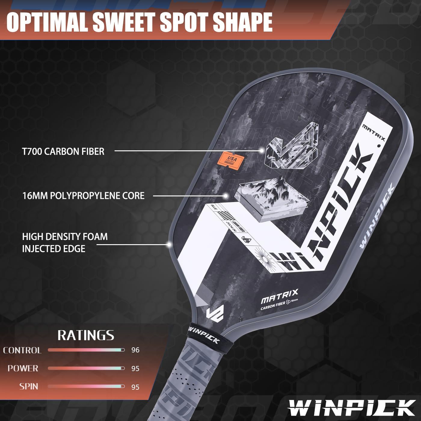Pickleball Paddle, T700 Carbon Fiber Surface Thermoformed Pickleball Paddles with Foam Injected Walls, PP Honeycomb Core, Stable Performance Control & Power Pickleball Racket (T-White) 3