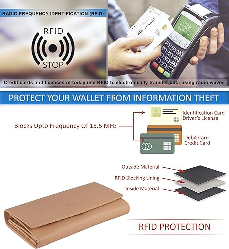 Miniatura 6 de Mou Meraki Billetera de cuero genuino con bloqueo RFID para mujer, billetera con cierre de dos pliegues - Billetera de mano para mujer - Escudo