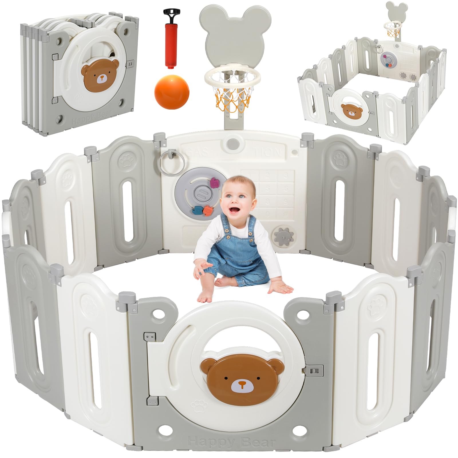 Babybox, opvouwbaar, 12 stuks, 143 x 143 x 64 cm, verstelbare vorm, speelmand, basketbal, bord, niet-giftig materiaal