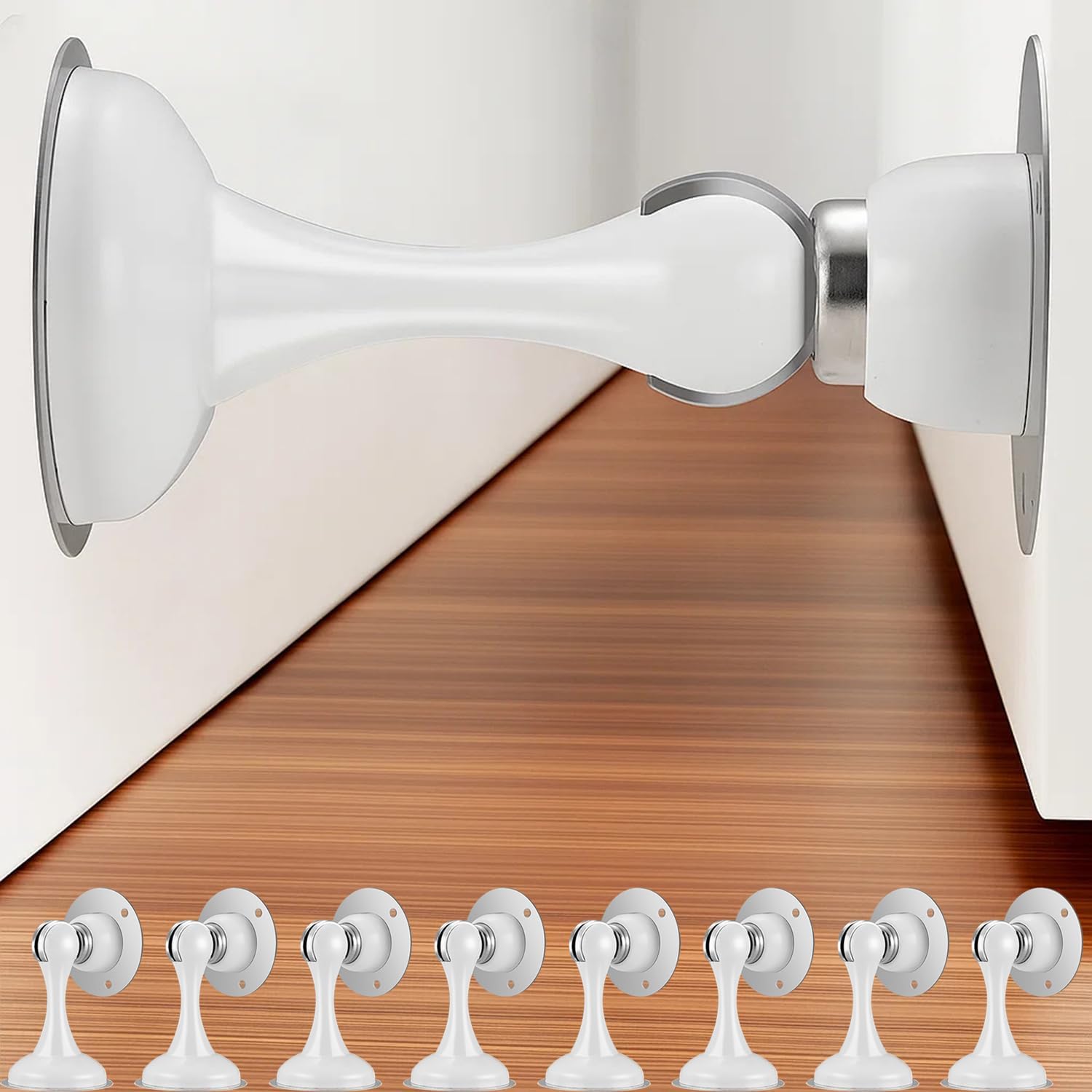 8 Pack Magnetic Door Stop No Drilling Door Stop with 3D Adhesive Tapes Keep Door Open Door Stainless Steel Screws for Stronger Mount (White)