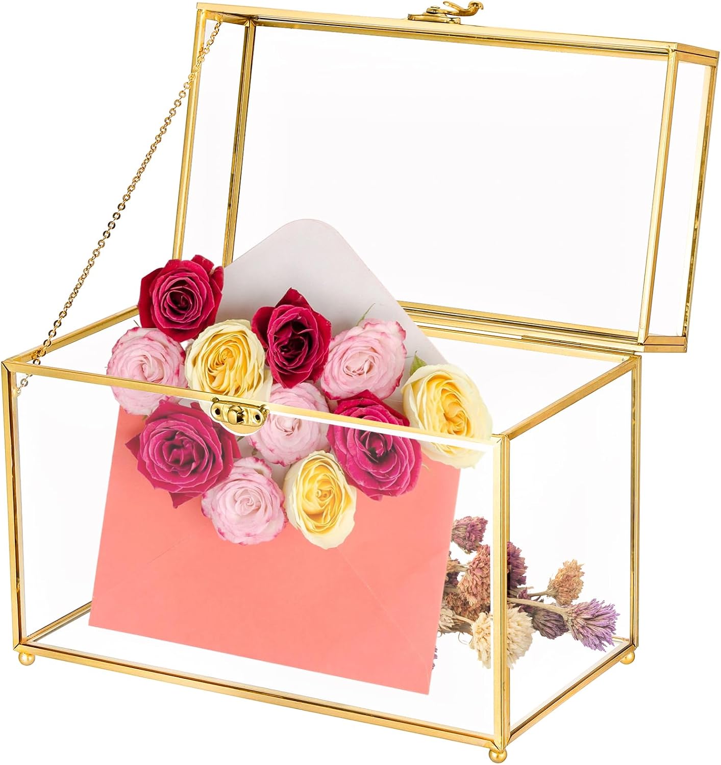 Vintage Gold Glass Jewelry Box, 10 x 5.7 x 7.8 Inch Large Clear Rectangular Keepsake Box with Lid, Decorative Glass Display Organizer for Rings, Bracelets, Earrings, Trinkets