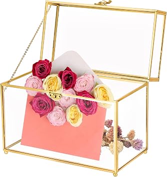 Vintage Gold Glass Jewelry Box, 10 x 5.7 x 7.8 Inch Large Clear Rectangular Keepsake Box with Lid, Decorative Glass Display Organizer for Rings, Bracelets, Earrings, Trinkets