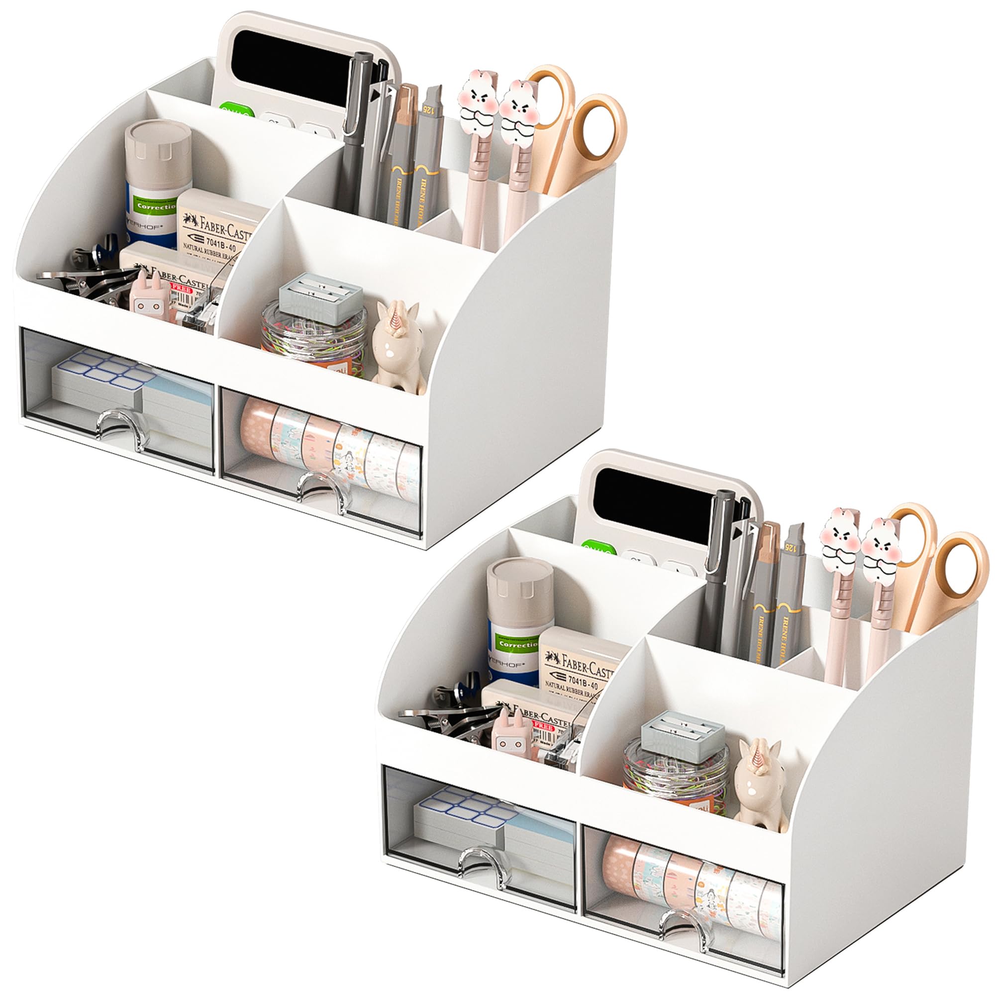 Desk Organizer with 6 Compartments and 2 Drawers, Plastic Makeup Organizer, Pen Holder for Desktop Storage, Desk Organization for School, Home, Office