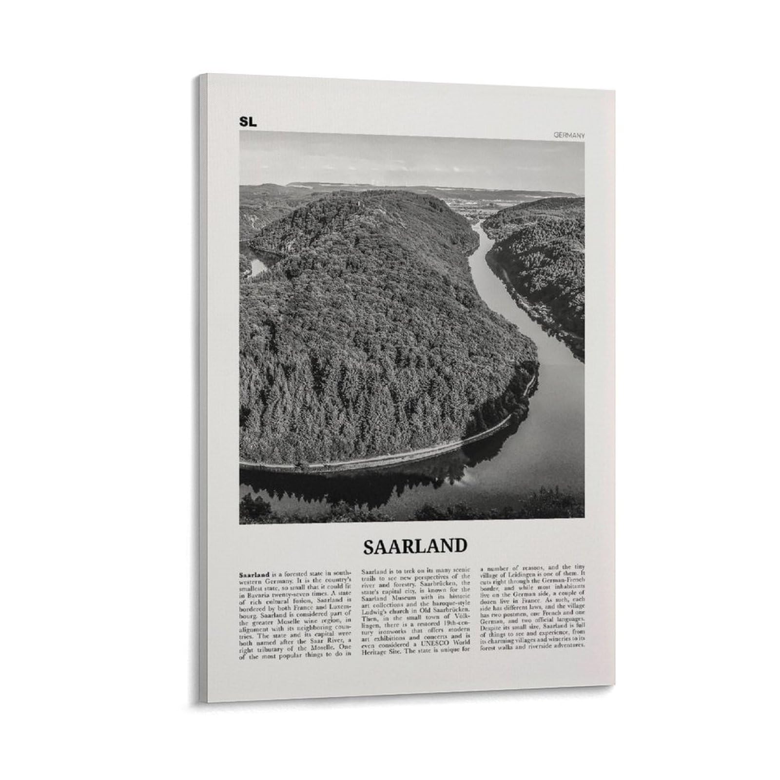 LZTEN Saarro-Kunstdruck, Schwarz und Weiß, Saar, Landkarte des Saarlandes, Deutschland auf Leinwand, gerahmt, 50,8 x 76,2 cm