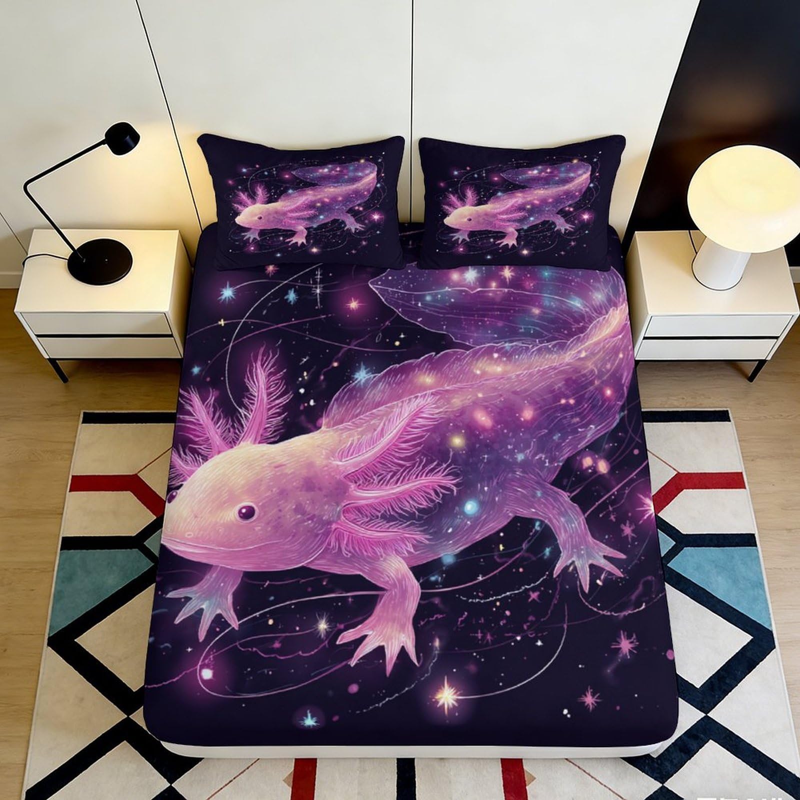 3D Printed Space Axolotl Fitted Sheet Microfiber Deep Pocket Bedroom Bedding Space Axolotl Mattress Fitted Cover Non-Slip Washable 120x200x25cm