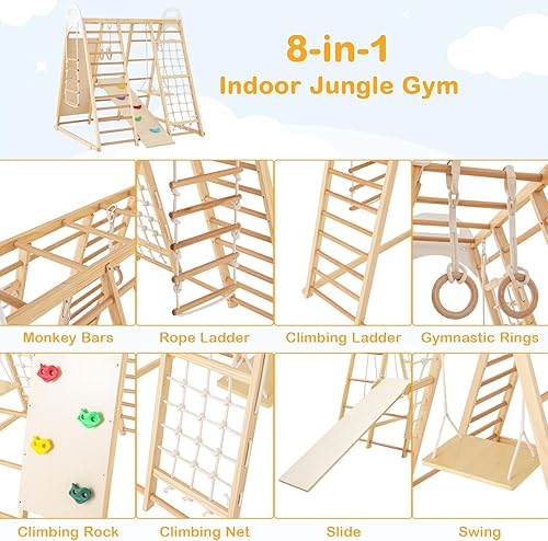 Miniatura 2 de HONEY JOY Gimnasio de la selva interior 8 en 1, juego de escalador de madera con columpio, tobogán, pared de roca escaladaredescalera, barras de