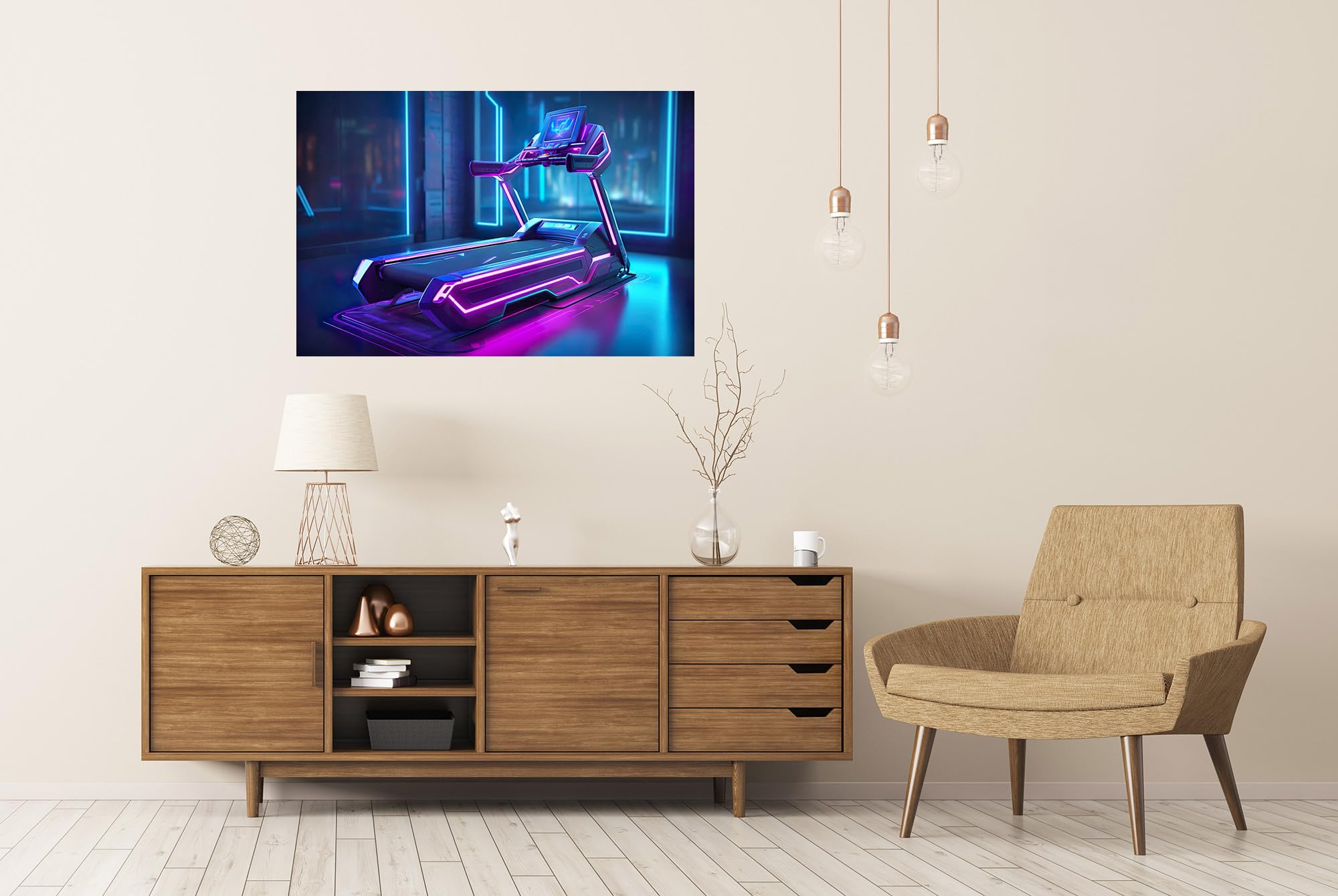 islandburner Poster XXL con immagine futuristica al neon tapis roulant in stile cyberpunk, palestra, viola, blu, arte di alta qualità, stampa fotografica