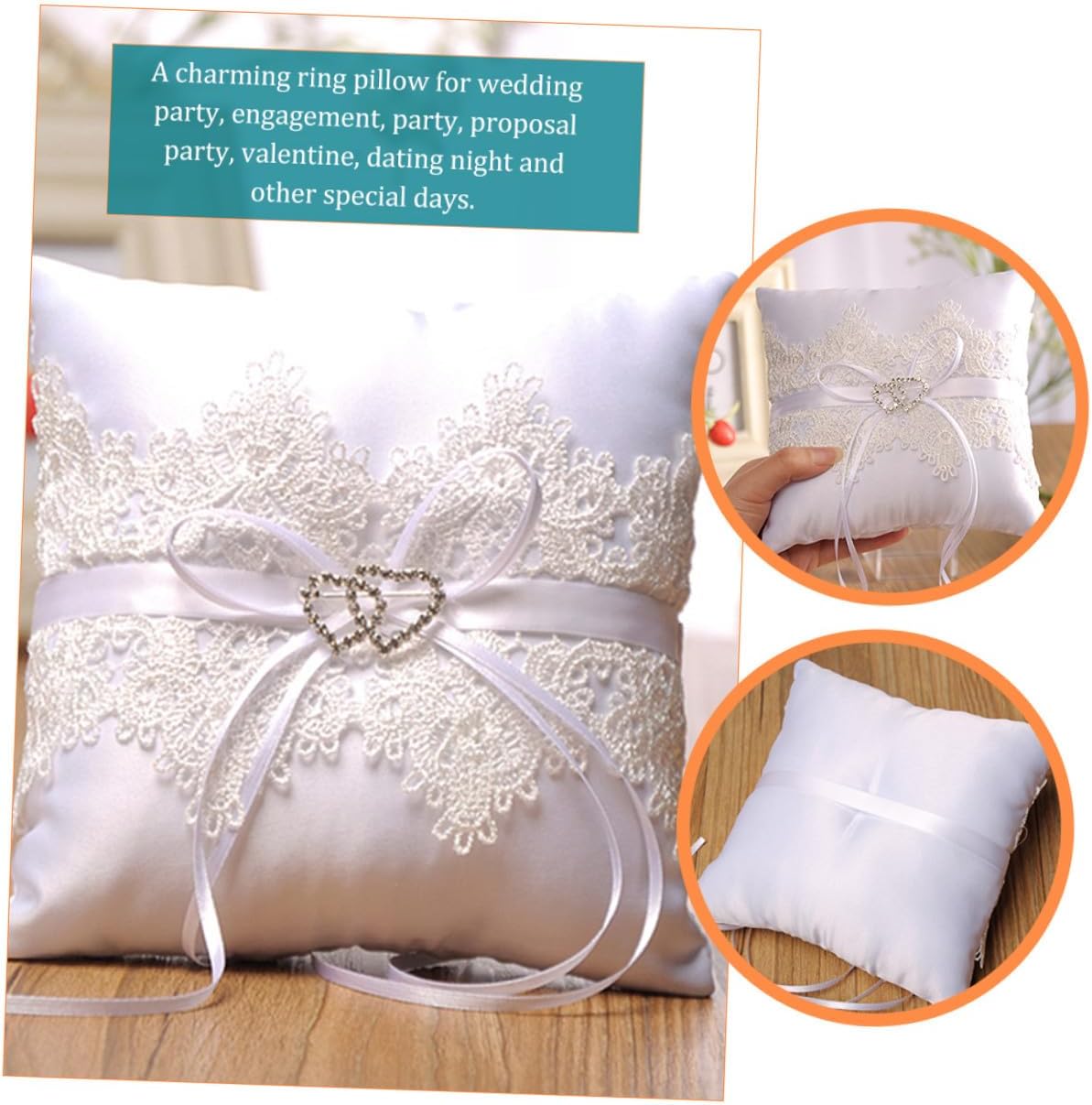 White Lace Double Heart Wedding Ring Pillow Pearls, Bridal Shower Ring Bearer Cushion for Wedding Party Decoration and Ceremony Supplies