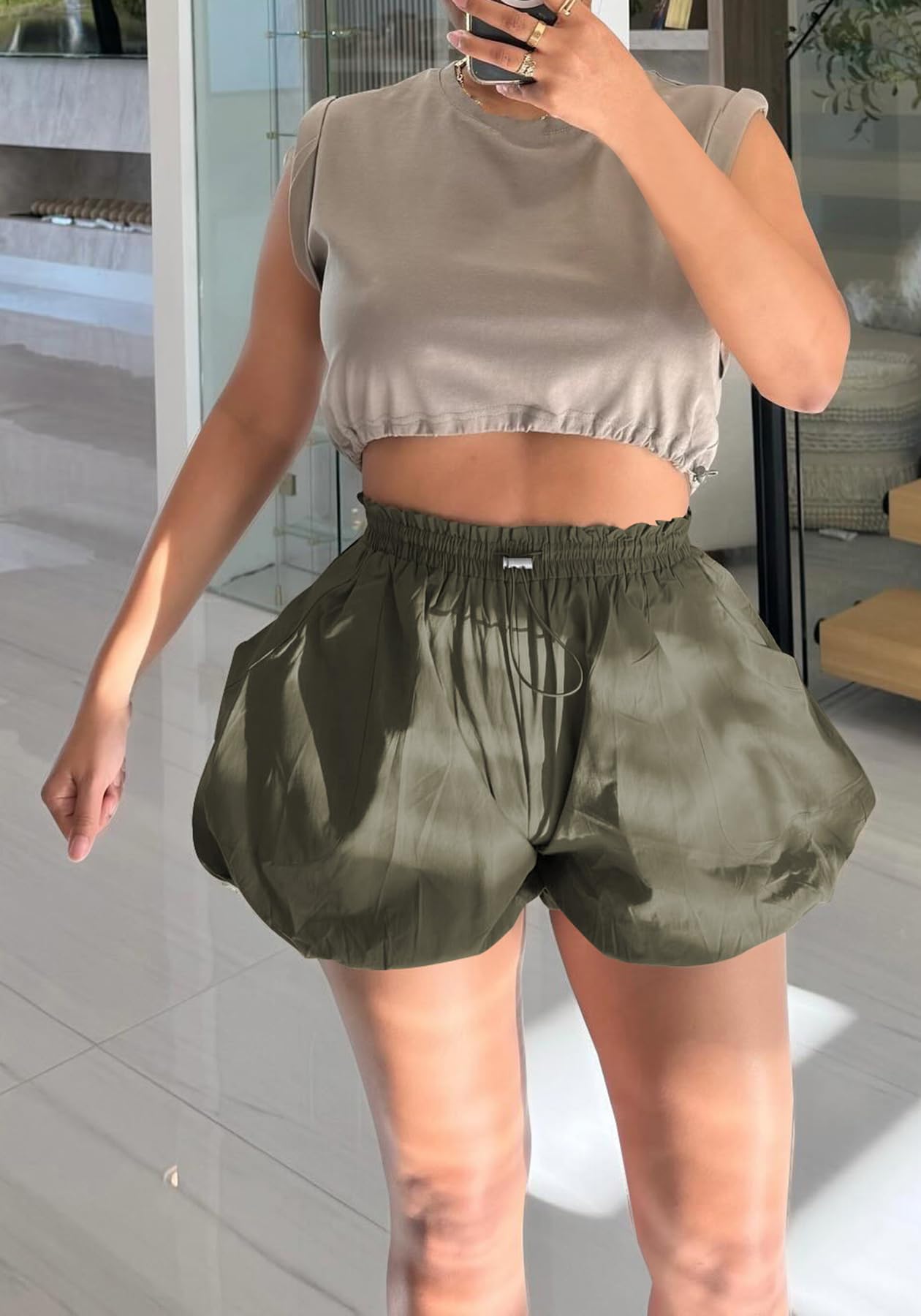 Quzzion Women's Y2K Bubble Shorts High Waisted Workout Casual Puffy Short Drawstring Elastic Mini Shorts with Pockets Green