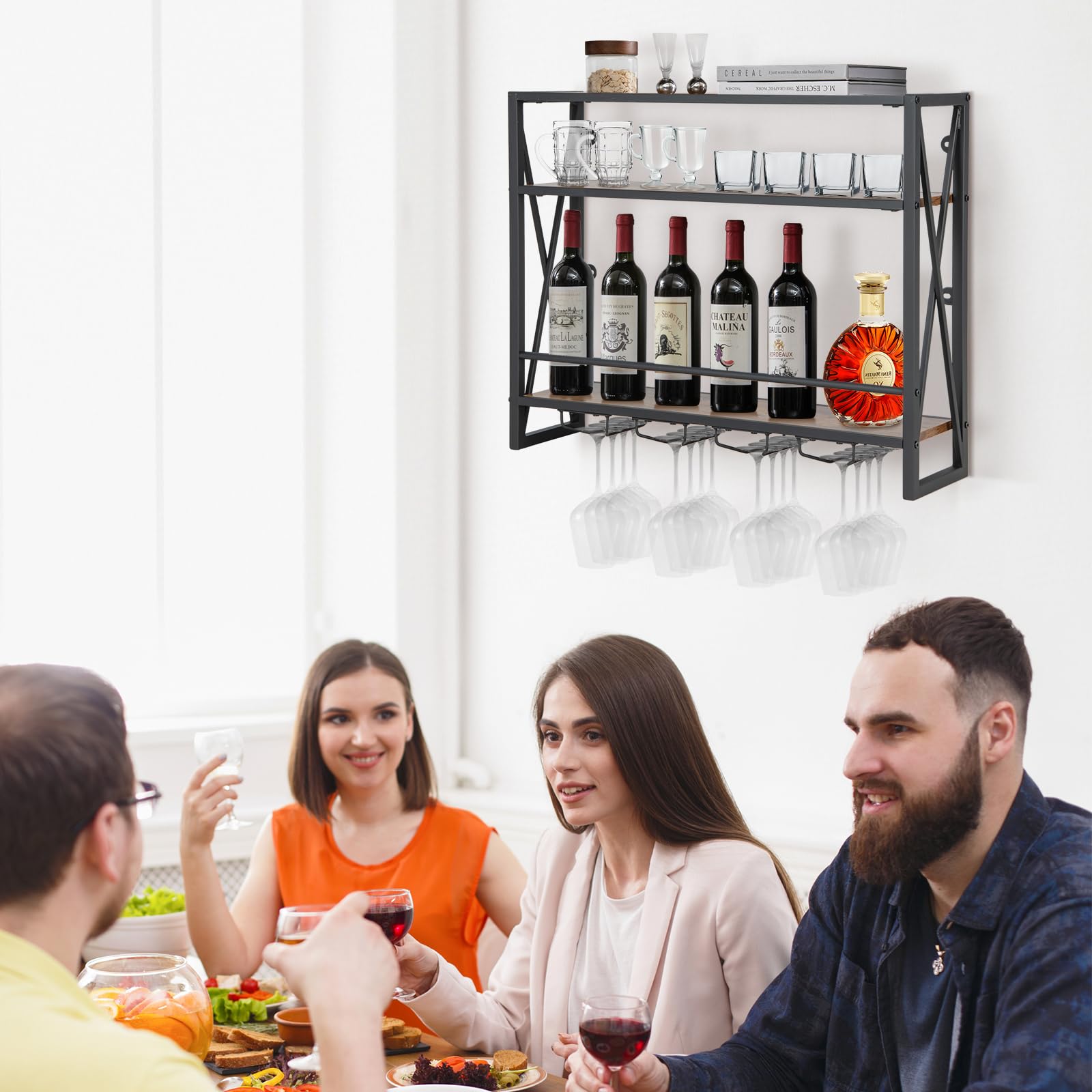 COSTWAY Portabottiglie per Vino da Parete Industriale, Scaffale di Stoccaggio per Vino a Parete a 2/3 Livelli con Porta Calici, in Metallo, per Casa, Bar, Cucina, Ristorante (80 x 20 x 63 cm)