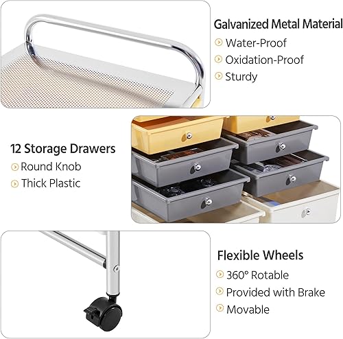 Miniatura 6 de Yaheetech Carrito de almacenamiento con ruedas de 12 cajones, organizador multiusos, móvil, carrito de almacenamiento, herramientas para álbumes de