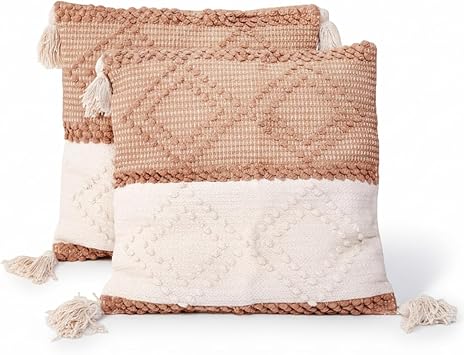 Perilla Home Textured Throw Pillow Covers - Set of 2 Decorative Tufted 18" x 18" Square Cushion Covers for Couch Sofa Office Bedroom Decor Brown and White Knotted
