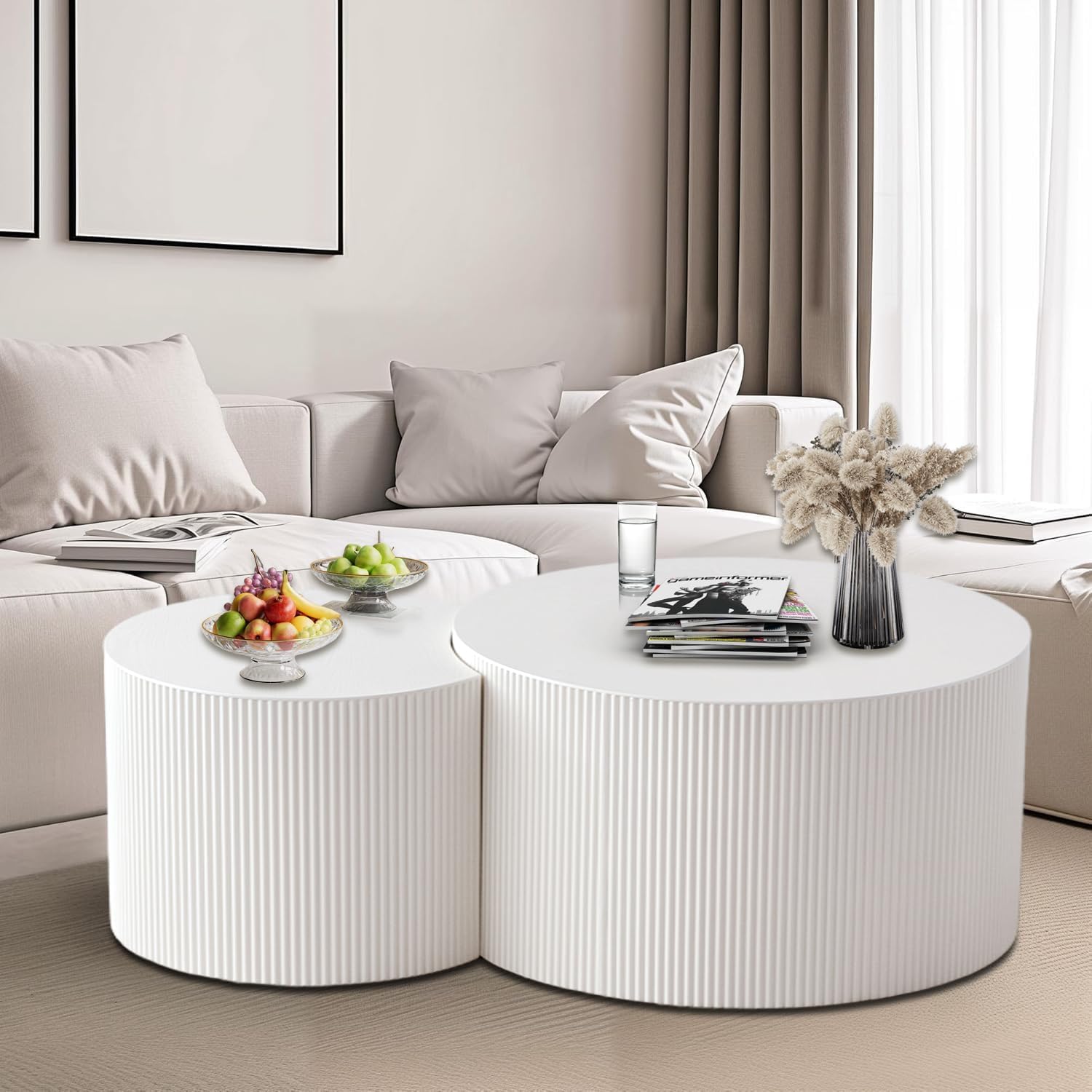 Round Nesting Coffee Table Modern Fluted Coffee Tables Set of 2 Wood Circle Drum Center Table Crescent Side Accent End Tables for Living Room No Assembly (D White Large)