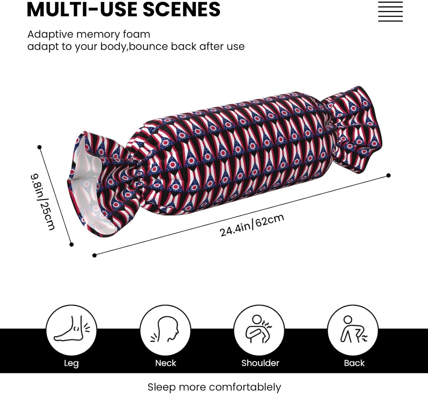 Ohio State Flag Print Candy Cylindrical Pillow Eco-Friendly Round Bolster Bedroom Travel Versatile Use