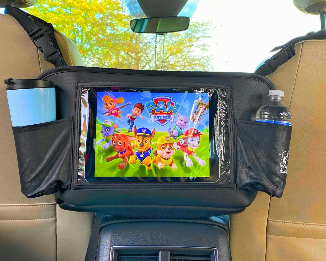 Hangy Dandy - Car Net Pocket Handbag & iPad Holder for car | Multipurpose Organizer | Premium Quality Leather | Backseat Tablet Holder for car | Cups Holder | Car Backseat Barrier for Pets & Children