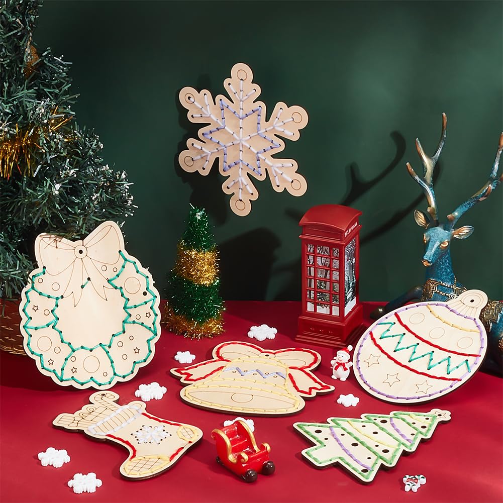 FREEBLOSS 6 Set Christmas Wooden Threading Kits First Sewing Kit Wooden Cross Stitch Kit Embroidery Sewing Board for Intellectual Development Activity