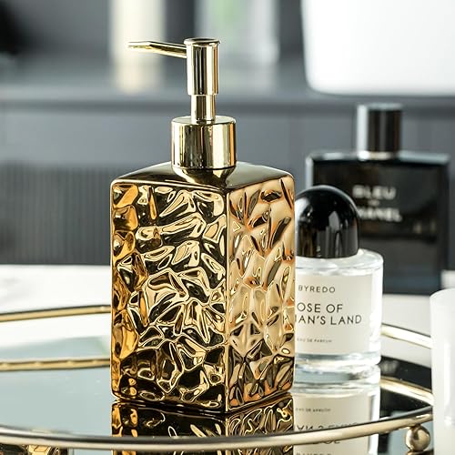 Gets Dispensador de jabón de cerámica doradaplata, dispensador de jabón líquido de manos moderno recargable para cocina, baño (botella cuadrada