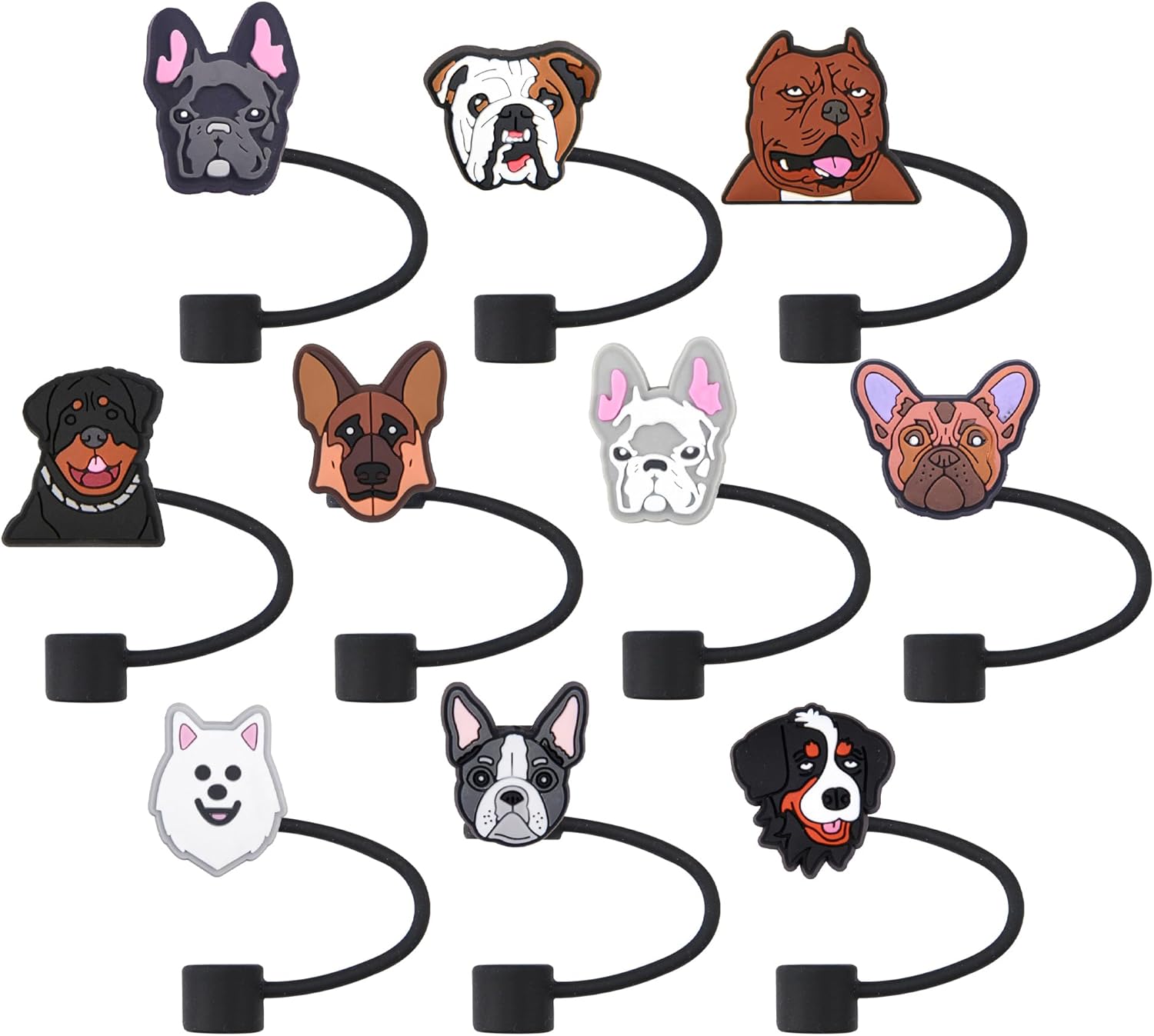 10Pcs Cute Dogs Straw Toppers for Stanley Cups, 10mm Lovely Animals Silicone Covers fit 30&40 Oz Tumbler with Handle, Reusable Straws Cover Cap for Stanley Tumblers Accessories Pack 1