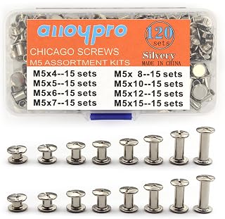 Alloypro 120 Sets Silvery Metal Chicago Binding Screws Assorted Kit Nail Rivet Chicago Button DIY Leather Decoration Bookbinding Round Flat Head Stud Screw(4/5/6/7/8/10/12/15-15pcs)