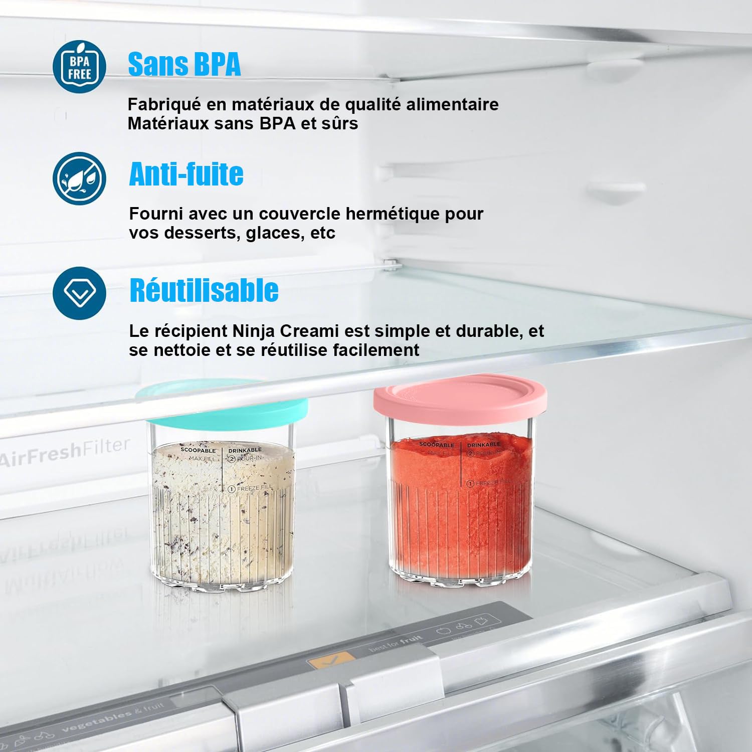 Lot de 2 Récipients à Crème Glacée de Rechange pour Ninja Creami Deluxe NC501/NC500 Series, 680ML pour Accessoires Ninja Machine à Glace, Sans BPA Et Lave-Vaisselle