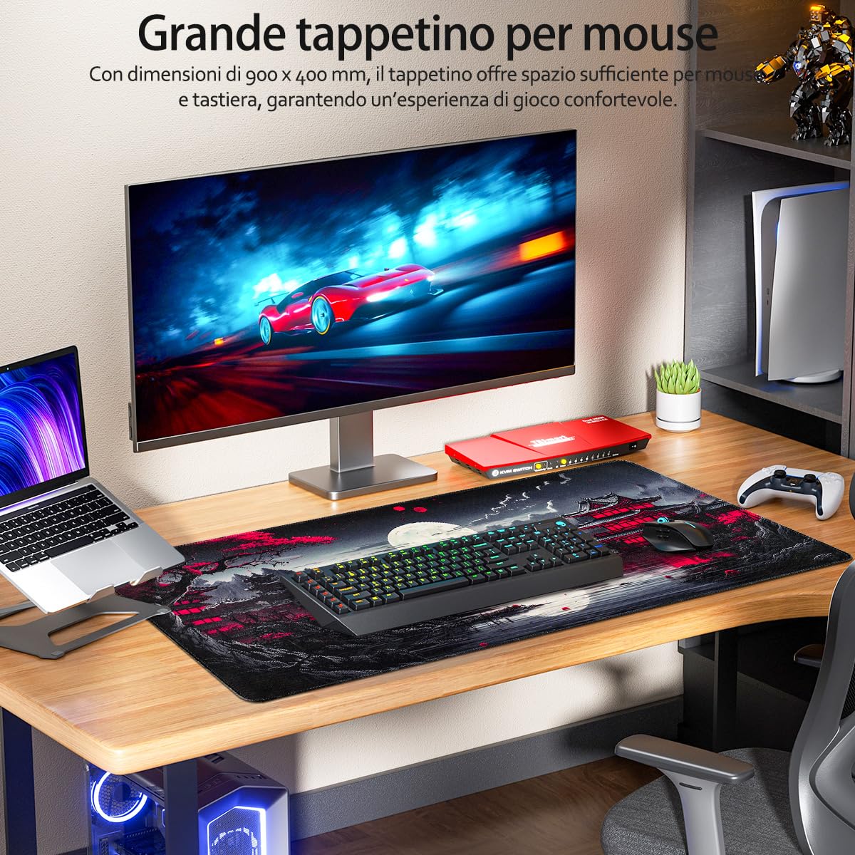 Zindoo Tappetino Mouse Gaming XXL 900x400x3mm Antiscivolo Precisione Nero Giapponese