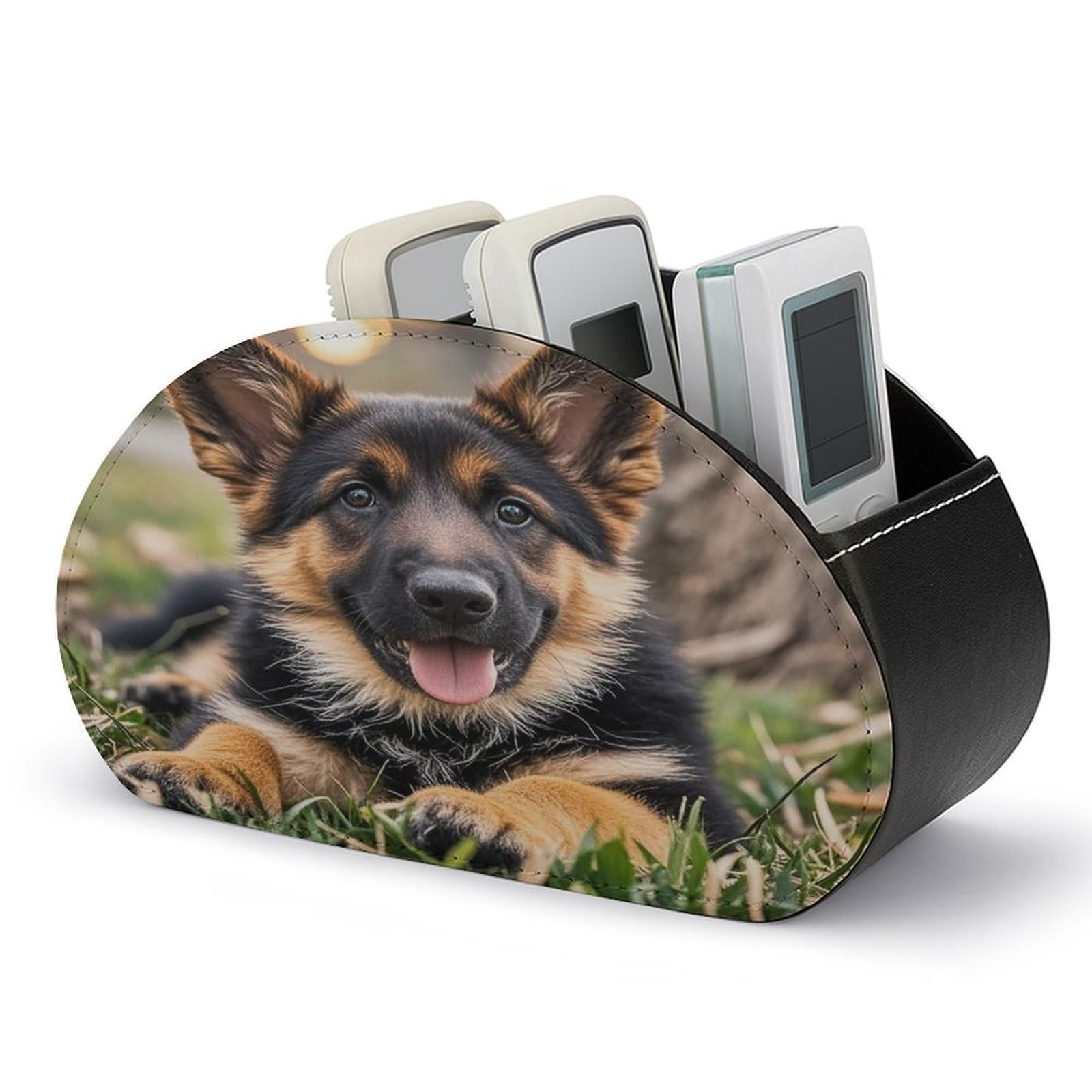 FekiLoot German Shepherd Puppy Remote Control Holder with 5 Compartments Multi-functional TV Remote Caddy Organizer Leather TV Remote Holder Desktop Organizer Store for Bedside Table Office Desk