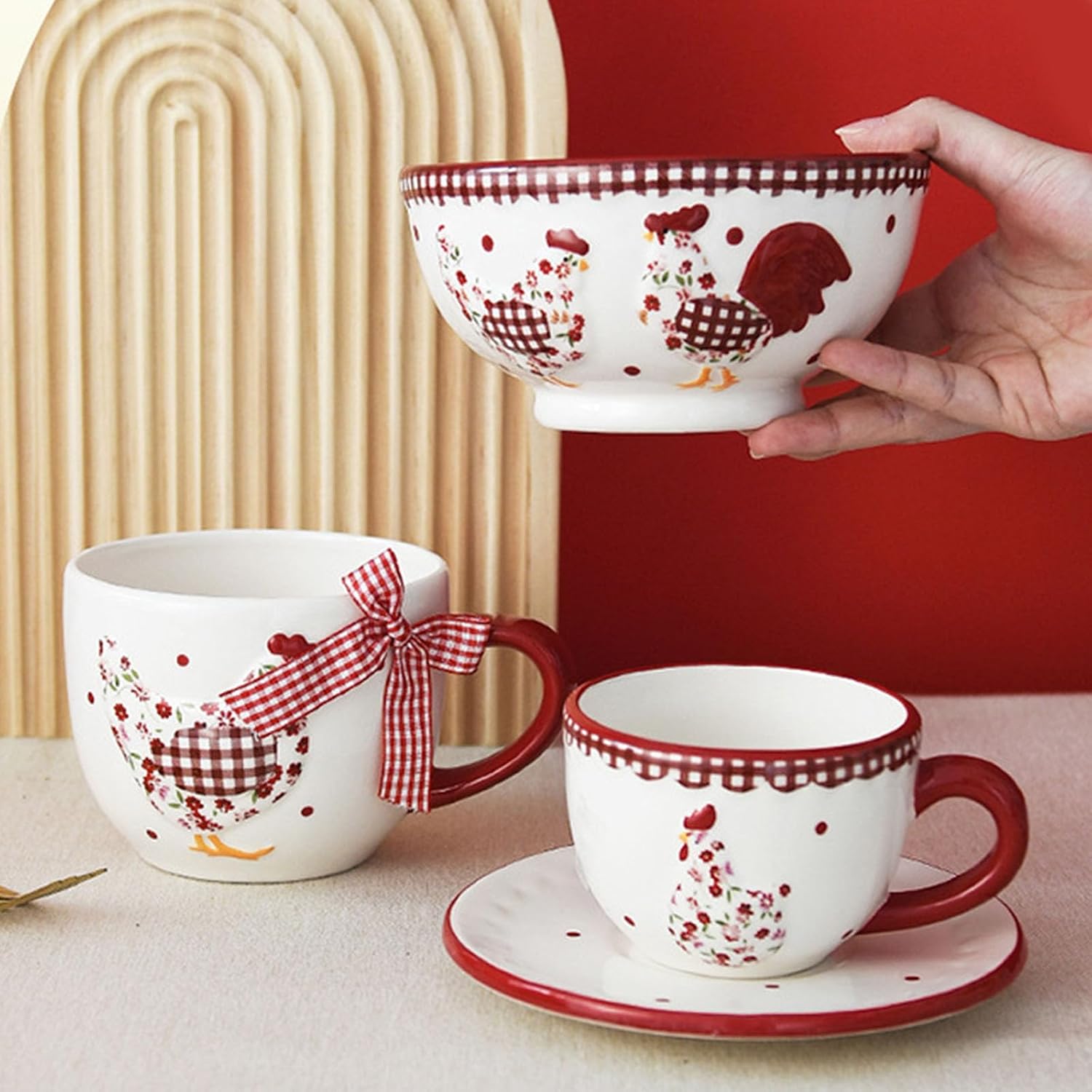 Retro Red Flower Chicken Ceramic Storage Jar Creative Organiser Plate for Kitchen Spices Tea Coffee Sugar Retro Flower Hen Tray