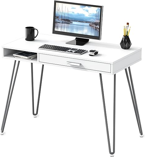 White Hairpin Leg Desk with Drawer