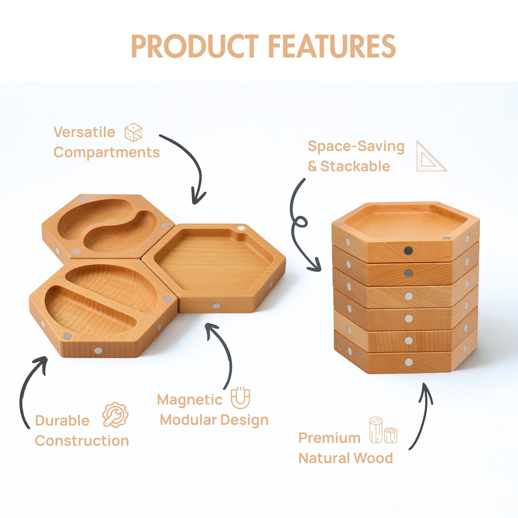 Juego de bandejas magnéticas de madera (7 piezas) | Organizador modular hexagonal para juegos de mesa, dados, tarjetas y miniaturas