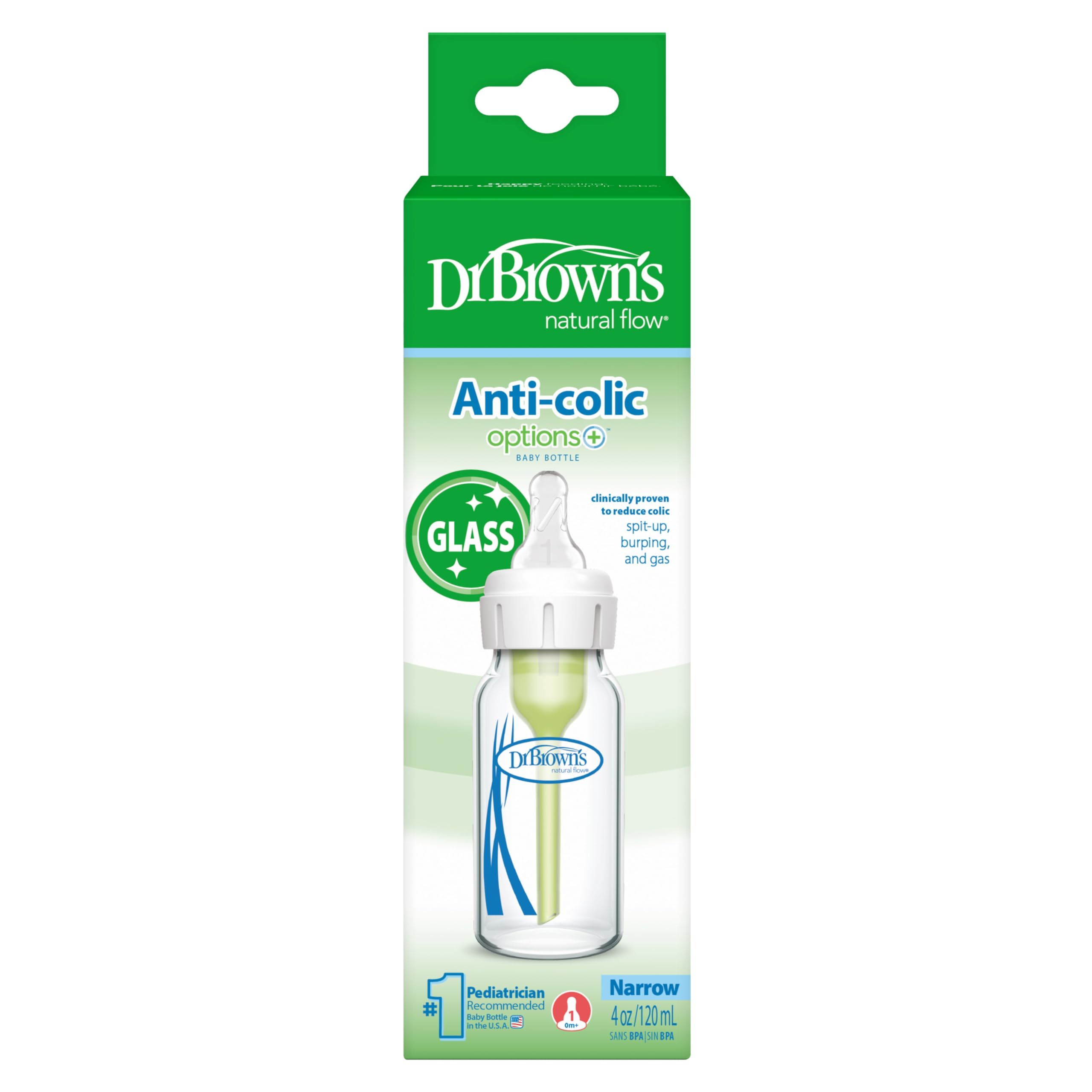 Dr. Brown's Anti-Kollik Options+ Schmale Glas-Babyflasche mit Level 1 Langsamem Durchfluss-Sauger, BPA-frei, 120 ml/4 oz, ab 0 Monaten, 1-Pack (Verpackung kann variieren)